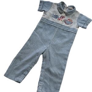 Darling Vintage 1980s Noah’s Ark Boat Animals Embroidered Seersucker Jumpsuit